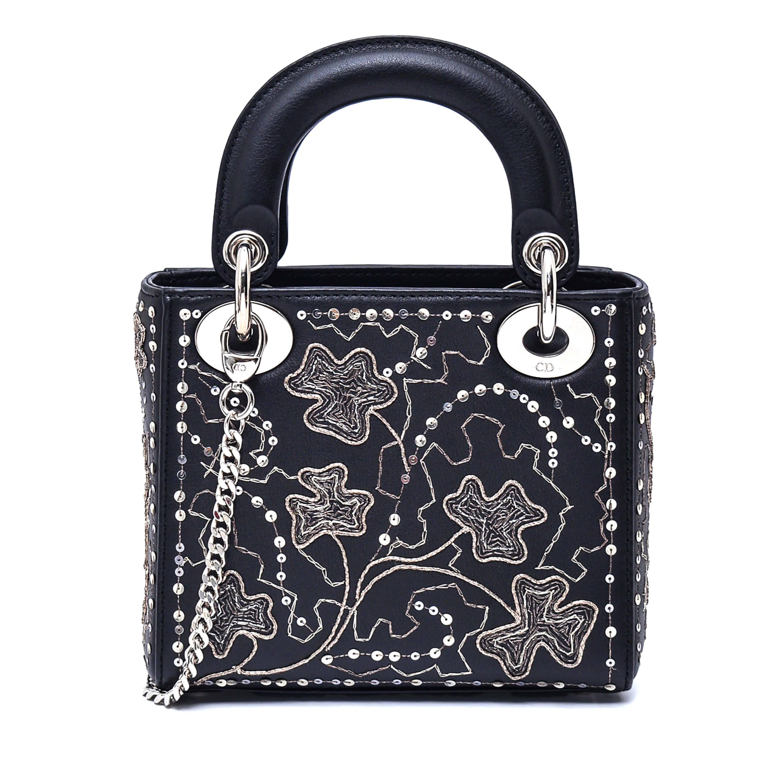 Christian Dior - Black&Sequin Floral Embroidered 2019 Collect Mini Lady Dior Bag with Chain Strap